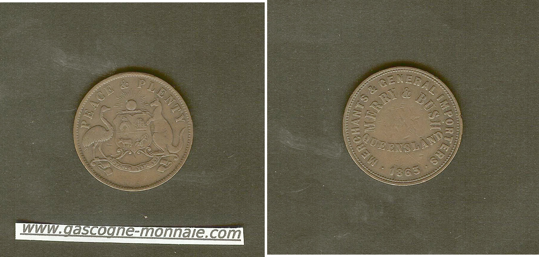 Jeton Australien Merry et Bush penny 1863 TB+ 1863 1d.. Qld gF